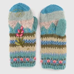 Lost Horizons - Chloe Wooll Hand Knit Embroidered Fleece Lined Mittens
